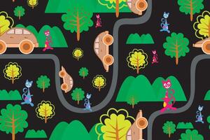 seamless pattern with cute cat,tree,mountain,car and road on black background. vector