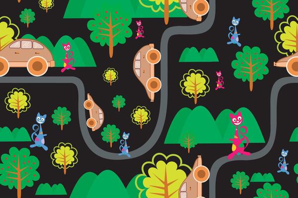 seamless pattern with cute cat,tree,mountain,car and road on black background.