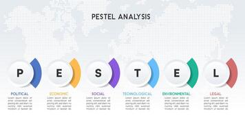 Circular PESTEL Analysis Infographic with 3D Glossy Effects and World Map Background vector
