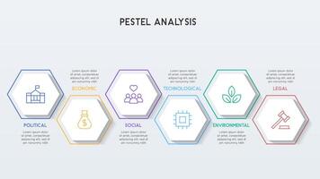Hexagonal PESTEL Analysis Infographic with Soft Shadows and Gradient Accents vector