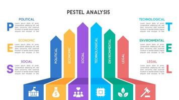 Modern PESTEL Analysis Infographic with Vertical Chevron Bars and Business Icons on White Background vector