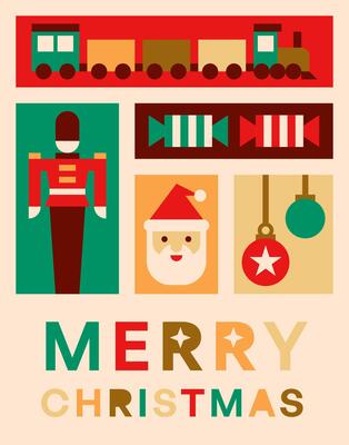Retro Festive Holiday Card with Colorful Elements, Illustration