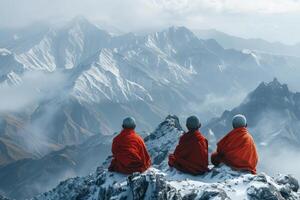 Monks Meditate on a Snowy Himalayan Mountaintop in Serene Silence photo