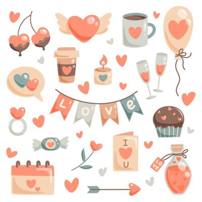 set of romantic elements for valentine's day or wedding