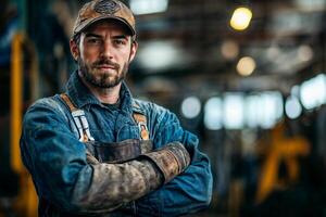 Working Class Man in Overalls Poses Proudly in a Workshop Setting photo