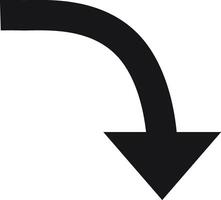 Simple black curved arrow pointing down against a clean white background, effectively representing downward direction or movement, ideal for navigation or design purposes vector