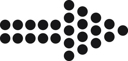 Simple black arrow pointing to the right made of aligned circles of different sizes over a white background representing direction, progress and movement vector