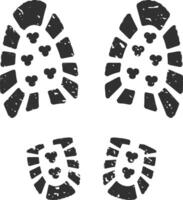 Four worn bootprints creating a grunge trail on a white background, representing a journey filled with exploration and adventure, leaving a distinct mark on the path behind vector
