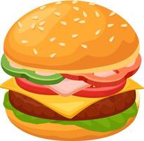 Burger presenting ingredients with sesame bun, meat, cheese, tomato, lettuce, ham and cucumber on white background, perfect for menus, websites or advertising related to food industry vector