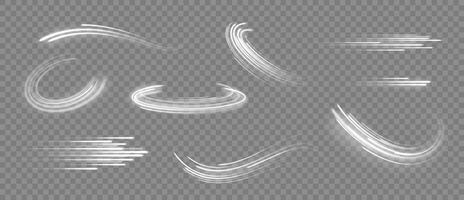 Glowing lines. Speed effect curved and straight lines and tornado wind swirl, white light trails. Abstract magic sparkles, dynamic motion traces with glow. isolated set vector