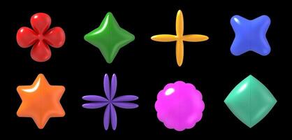 Y2k 3d shapes. Plastic glossy geometric primitive objects. Inflatable color stars and brutalist futuristic figures. Modern minimalist pop art trendy toy set vector
