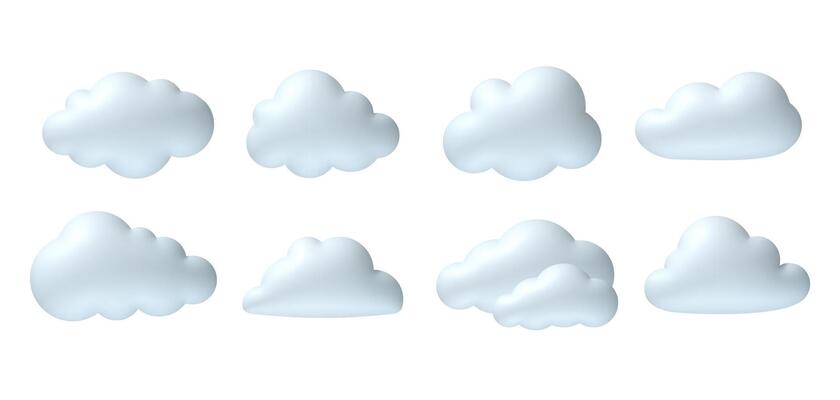 3d clouds. Realistic white cloud in soft inflation plastic shape with blue reflection. Plasticine 3d weather cloudy icons in cartoon render style. rounded cumulus icons