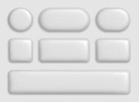 3d white buttons. Plastic rectangle and circle interface elements with realistic shadow. Blank glossy round, square and rectangular, rounded badges. Web shiny UI button set vector