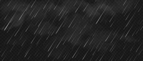 Realistic rain. Falling raindrops with white fog. Realistic rain background, rainy sky effect, autumn or spring rainfall. isolated fall weather texture vector