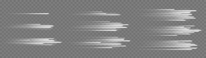 Glowing speed lines. High speed white line motion effect, light rays fast movement with blur. Shiny dynamic sparkles tail trace. Horizontal light streaks isolated set vector