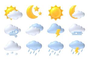3d weather icons. Sun, moon and cloud, rain and wind, thunderstorm and fog, snow meteorological symbols for app. Sunny, rainy and windy, thunderstorm and snowy, foggy weather. set vector