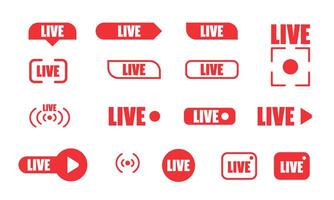 Large set of red buttons for streaming, live broadcast, blog, stream. Modern technologies for the design of content, news feeds. vector