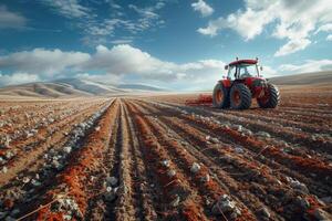 Tractor in Vast Field Under Clear Blue Skies photo
