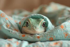 Adorable blue lizard peeking out from under a colorful blanket photo