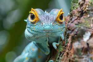 Close-up of a colorful lizard with vibrant scales and textured skin, clinging to a tree photo