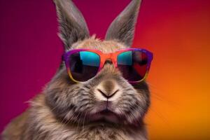 Funny bunny or rabbit wearing sunglasses in studio with a colorful and bright background. photo