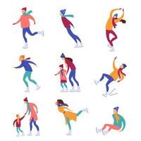 Cartoon Color Characters People Ice Skating Concept Set. vector
