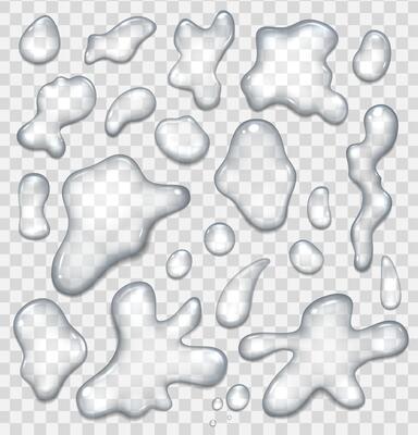 Realistic Detailed 3d Water Spill Puddles Drops Set.