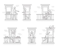 Characters People Stand on Balconies Concept Contour Linear Style. vector