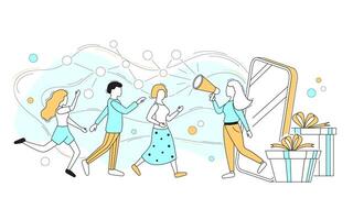 Characters People Referral Marketing Program Concept Contour Linear Style vector