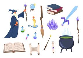 Cartoon Color Magician and Tools Wizard Icons Set. vector