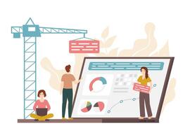 Cartoon Color Characters People Build Dashboard Concept. vector