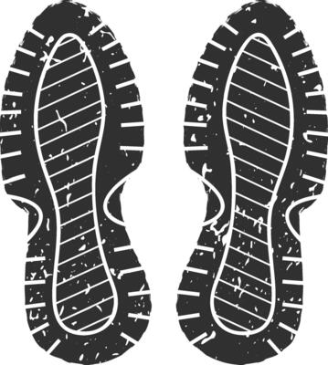 Black and white grunge illustration of a footprint showing the sole pattern of a pair of sports shoes, creating a powerful image of movement and activity