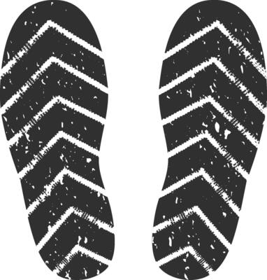 Imprint of a shoe sole featuring a chevron pattern and grunge texture, conveying movement and leaving distinct traces, marking a journey through various terrains