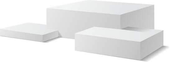 Three white parallelepipeds of varying sizes forming a modern pedestal for showcasing products, casting realistic shadows against a clean white background vector