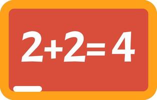 Simple math equation 2 plus 24 displayed in white chalk on a vibrant red chalkboard, accompanied by a piece of chalk resting at the bottom and framed in orange vector