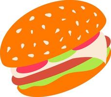 Cartoonish drawing of a hamburger with sesame seeds on a bun, meat, cheese, tomato and lettuce, colorful and simple, ideal for menus, websites, and advertising related to fast food vector