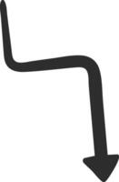 Hand drawn down arrow featuring a squiggly line, pointing downwards in a simple and minimalistic illustration set against a clean white background vector