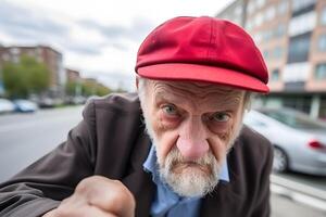 An old man being contemptful, shot in an urban environment, emotions or moods concept. photo
