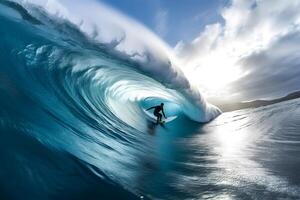 A wide angle view of a surfer riding a massive wave, capturing the exhilaration and power of the ocean. photo