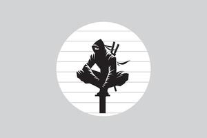ninja figure in a crouched position on a pole infront of moon vector