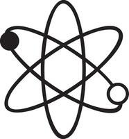 Atom revolving around nucleus with electrons orbiting in simple black and white science symbol representing physics, chemistry, and scientific research vector
