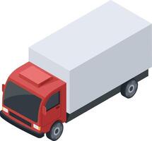 Red delivery truck transporting merchandise, representing logistics and distribution concepts, designed in isometric projection against a clean white background vector