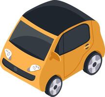 Modern compact orange car with black roof in isometric view driving forward, representing urban mobility and eco friendly transportation solutions vector