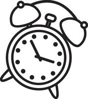 Simple black and white line drawing of a traditional alarm clock with bells ringing, indicating the current time and serving as a reminder or wake up call vector