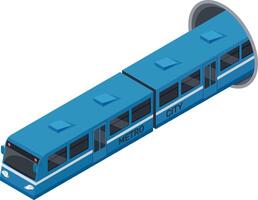 Modern blue subway train exiting tunnel isometric icon represents urban transportation and commuting in metropolitan areas, connecting city districts efficiently vector