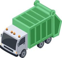 Green garbage truck collecting and transporting waste through an urban landscape, enhancing cleanliness and promoting efficient waste management practices in the community vector