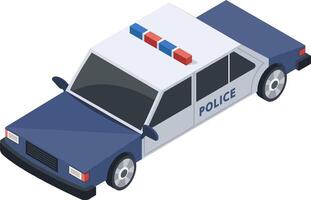 Isometric police car driving with flashing lights, ensuring safety and order in urban environment, representing law enforcement and emergency response vector