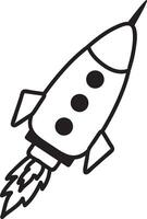 Hand drawn spaceship soaring through space, leaving a fiery trail behind. Simple black and white illustration designed for kids, featuring an isolated graphic of a rocket vector