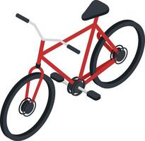 Isometric red bicycle with black seat, handlebar grips and pedals standing on a white background, representing sustainable transportation and urban mobility vector