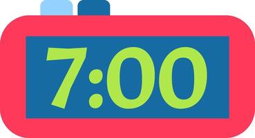 Red digital alarm clock showing seven o'clock on blue screen with two buttons on top, simple and minimalist design for concepts related to time management, sleep habits and daily routine vector